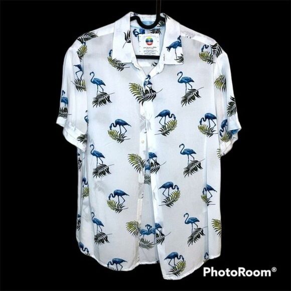 Denim & Flower Men’s White Flamingo Short Sleeve Button Down Shirt Size Small - Picture 1 of 4